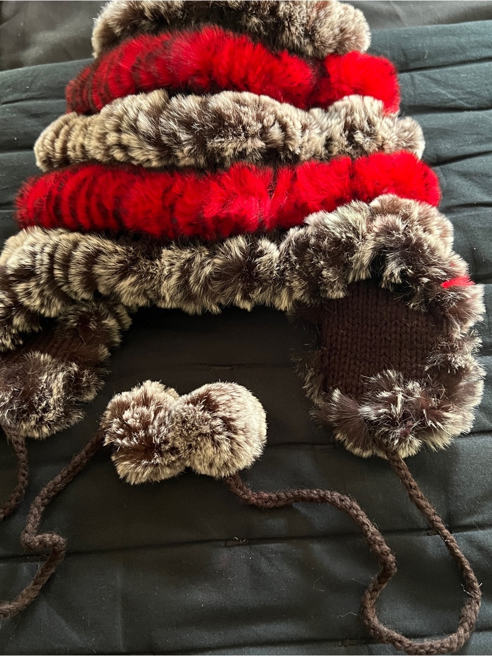 ๐ Real Rex Rabbit Fur Reversible Trapper Hat Coffee Red One Size - Picture 5 of 8